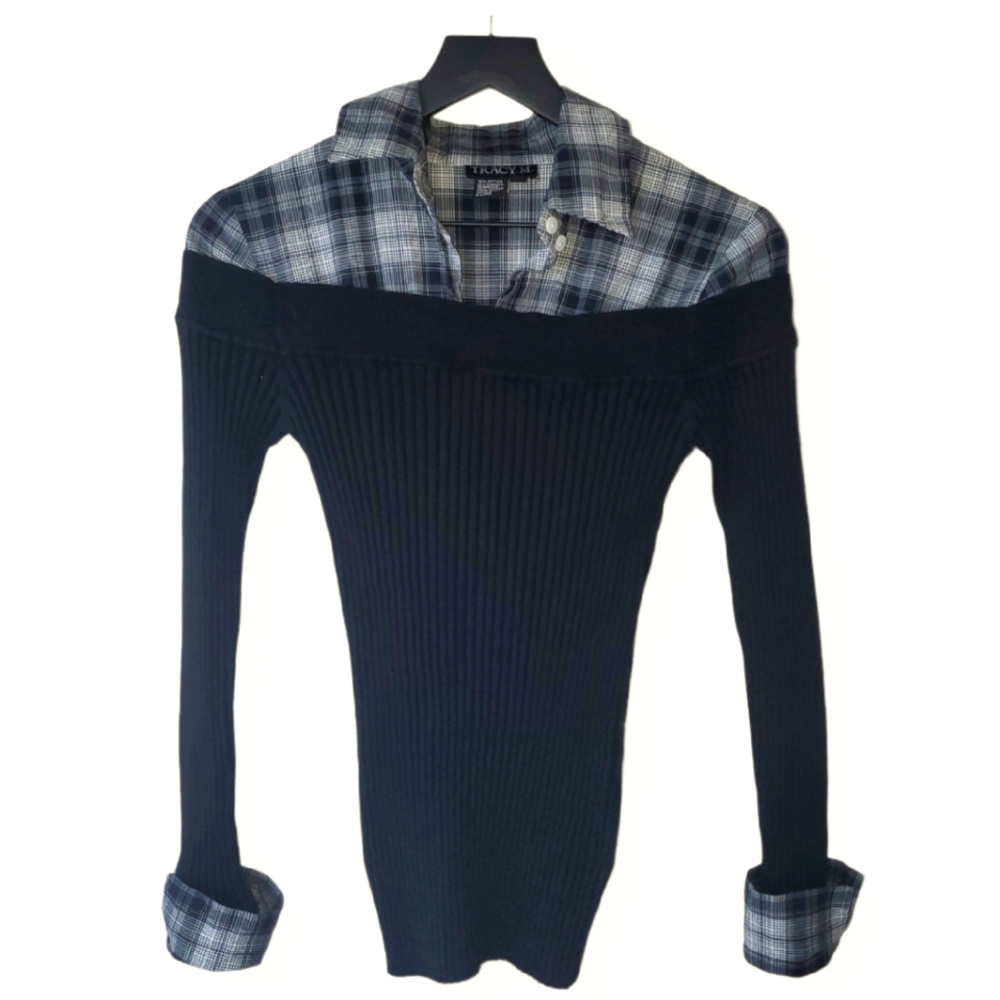 *M* Tracy M. Two-Tone Ribbed Plaid Sweater